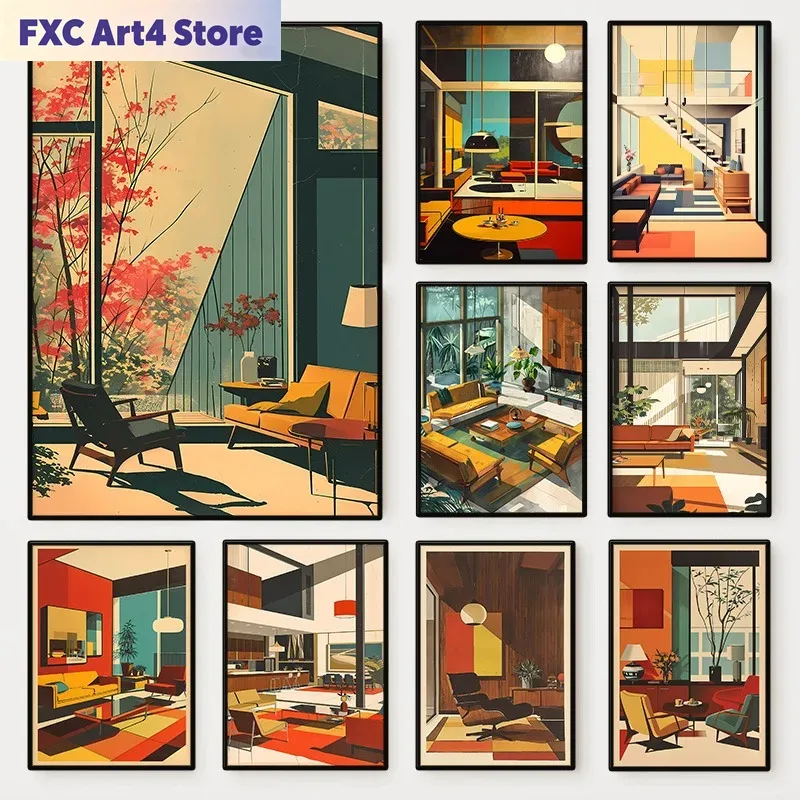 Interior Design Layout - Bezramowy Vintage Plakat Architektoniczny do Wnętrz,